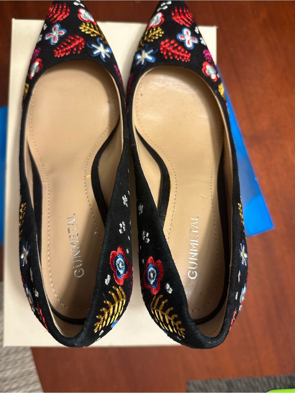 GUNMETAL PEARL 2 - Black Suede, Floral Embroidered Pointed Toe with 3” Heels